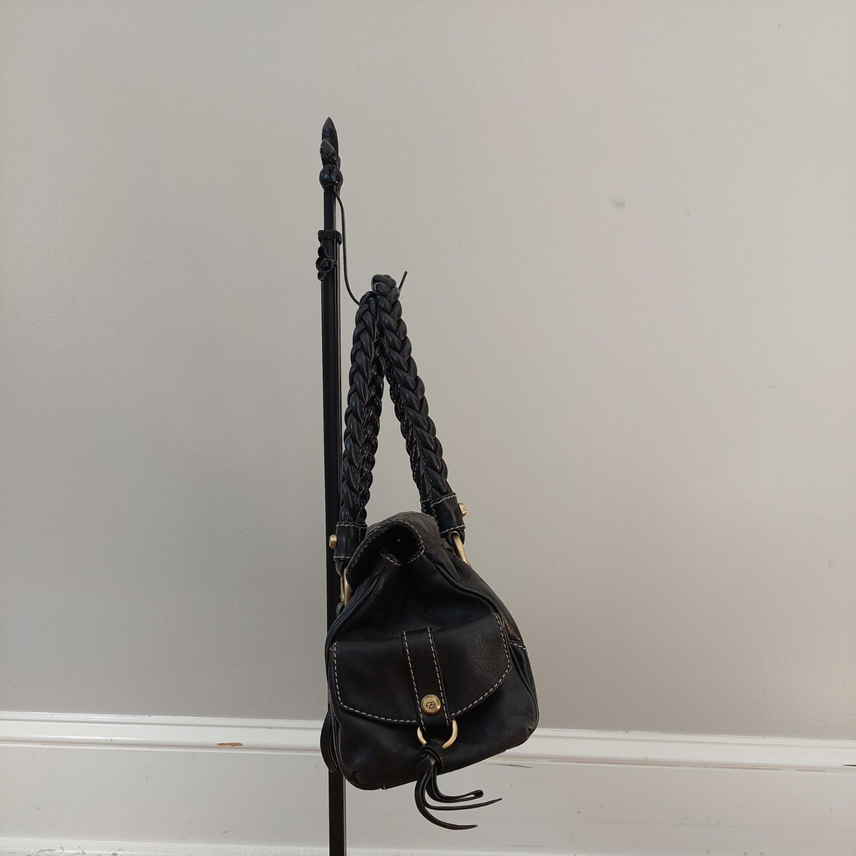 Francesco Biasia Medium Black Leather Shoulder Bag with Braided Top and Double Handles
