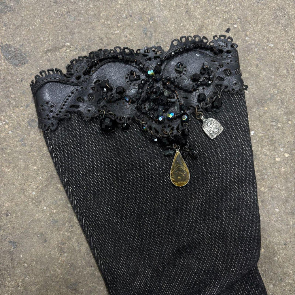 Authentic Vintage Y2K Le Silla Beaded Denim Pointed Toe Stiletto Boots