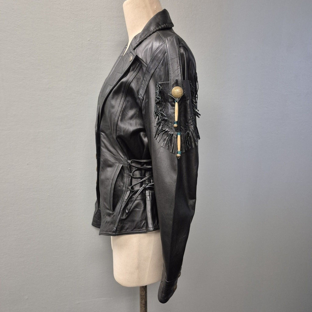 Double D Ranch Black Leather Fringe Beaded Moto Western Jacket Medium