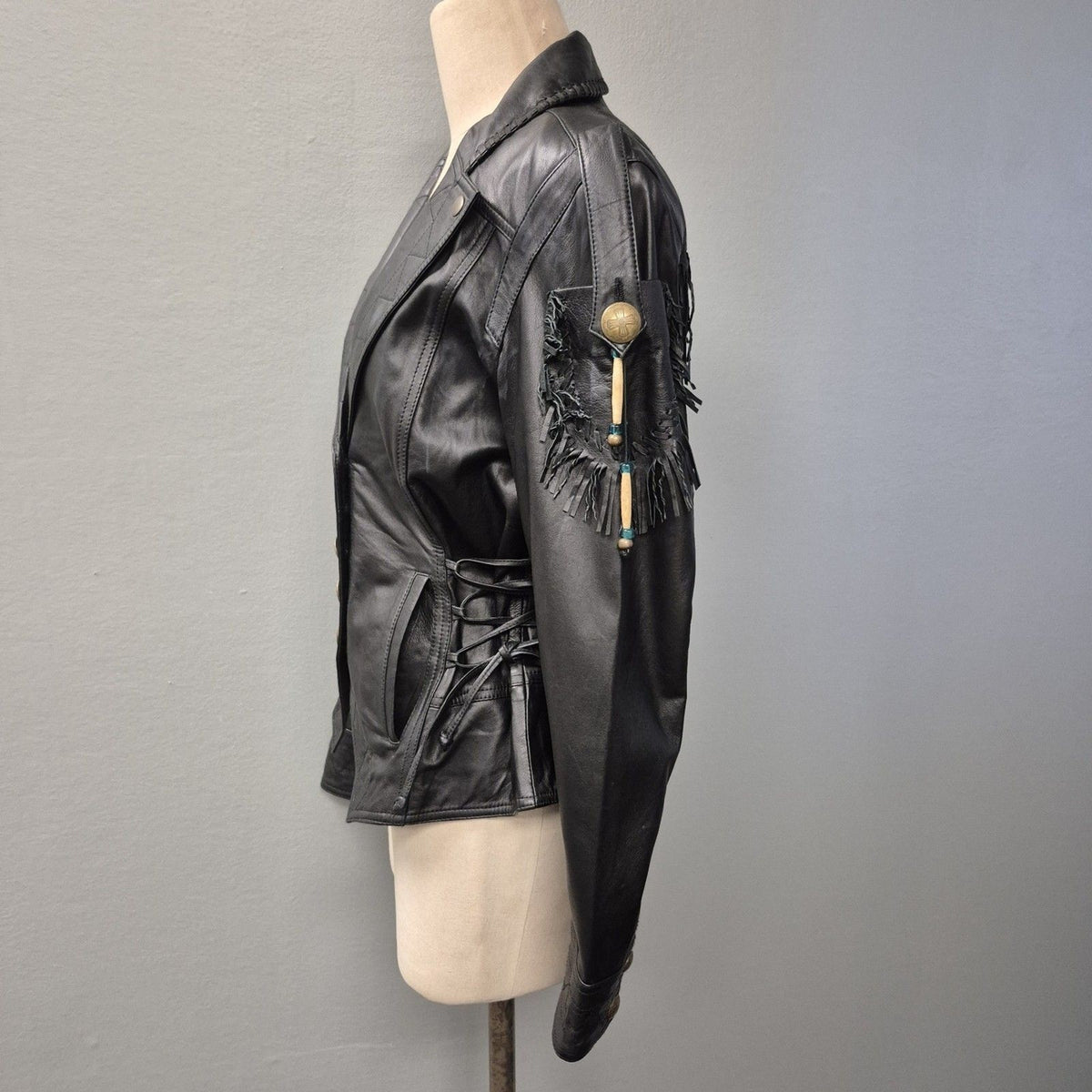 Double D Ranch Black Leather Fringe Beaded Moto Western Jacket Medium