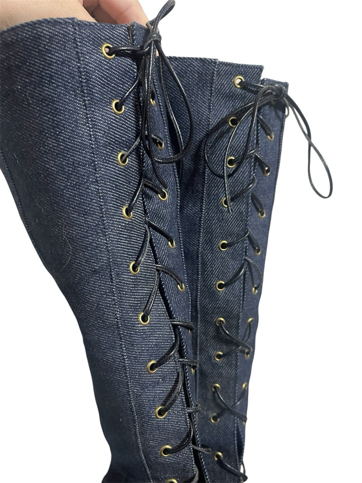 Dior Vintage Y2K Denim & Snakeskin Leather Lace Up Knee High Point Toe Boots