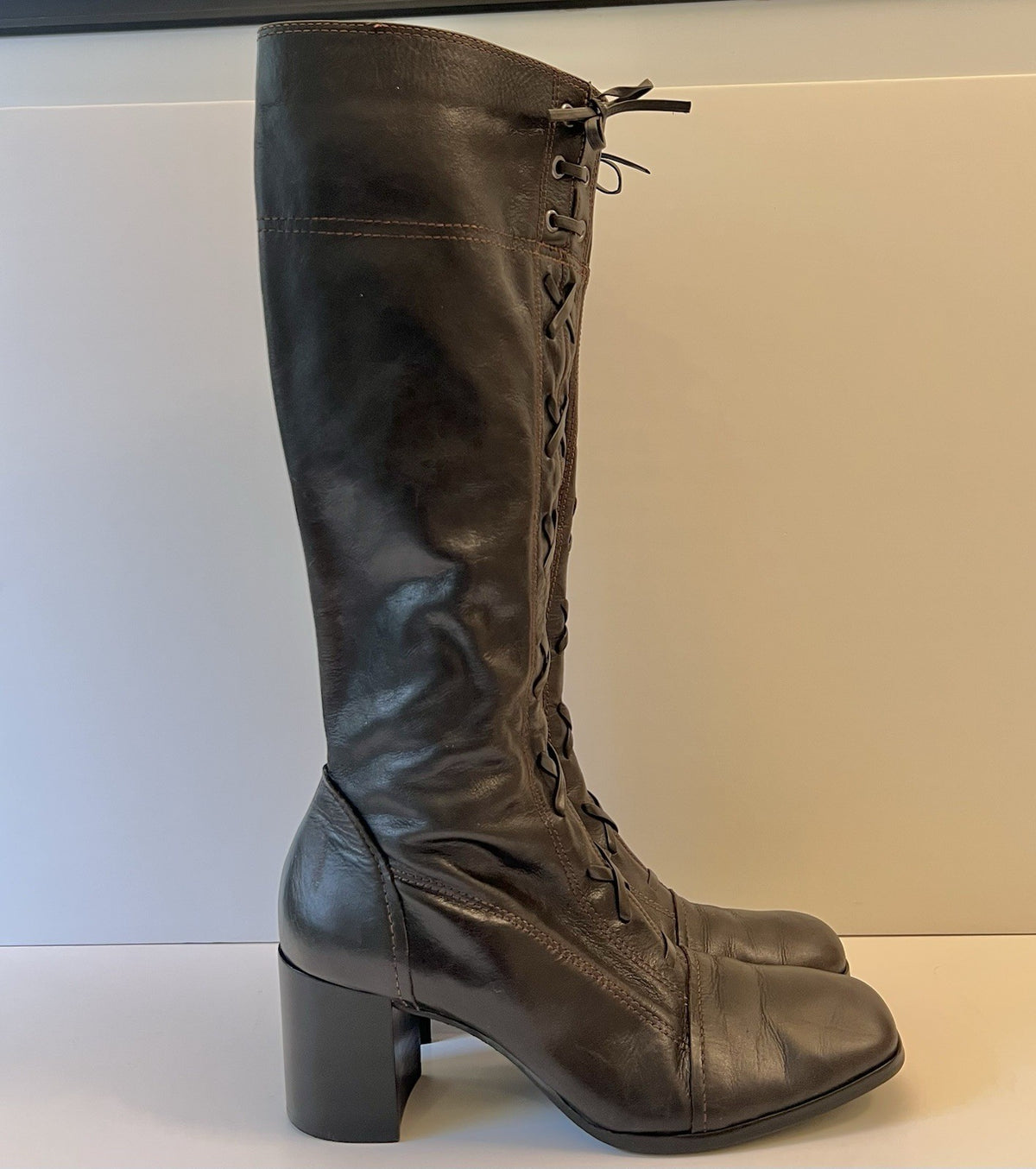 Vintage Brown Leather Lace Up Knee High Boots Women's 8.5
