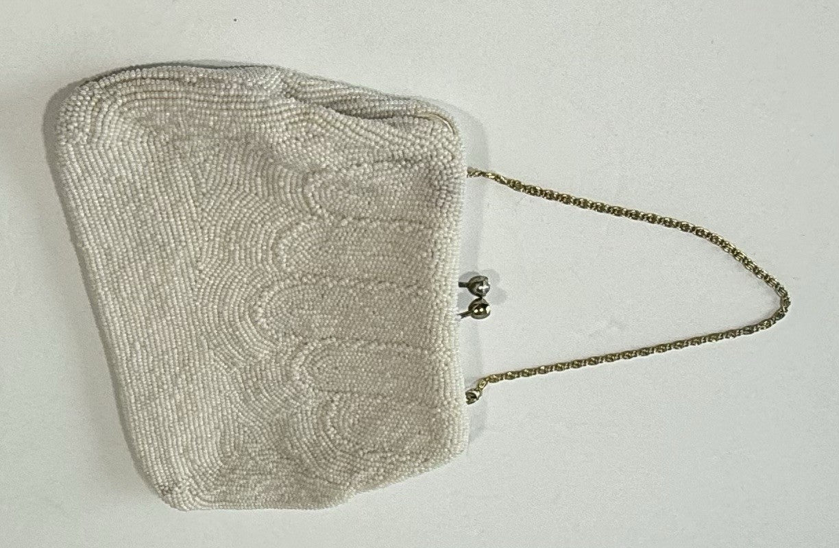 Vintage White Beaded Purse Clutch Bag Handbag Thin Gold Chain Handle