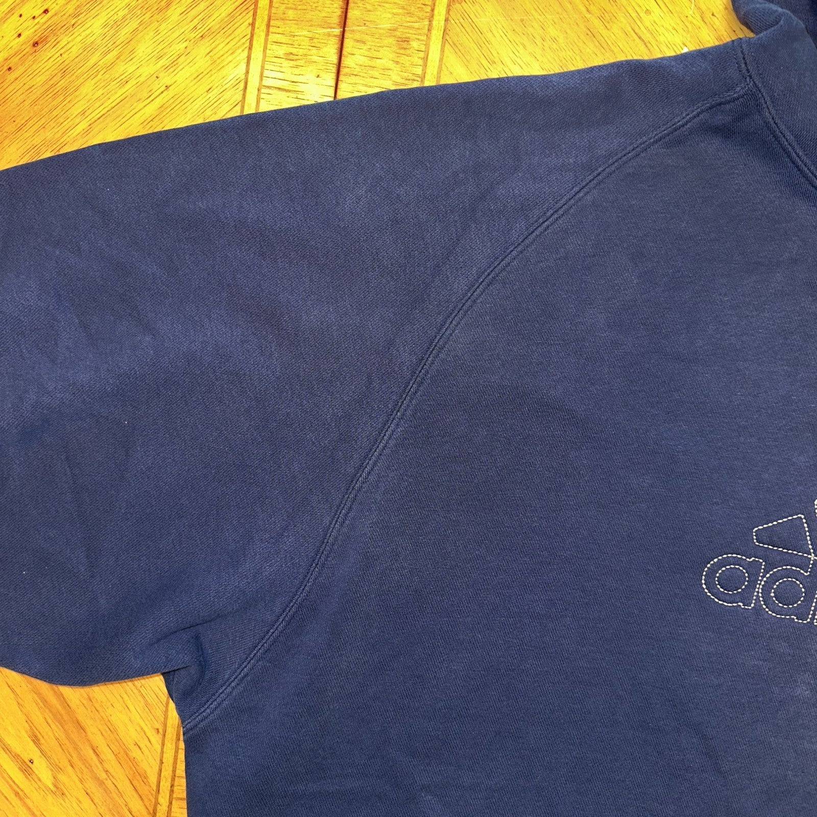 Vintage Adidas Hoodie Sz Large Center Logo Spellout Navy Embroidered Distressed