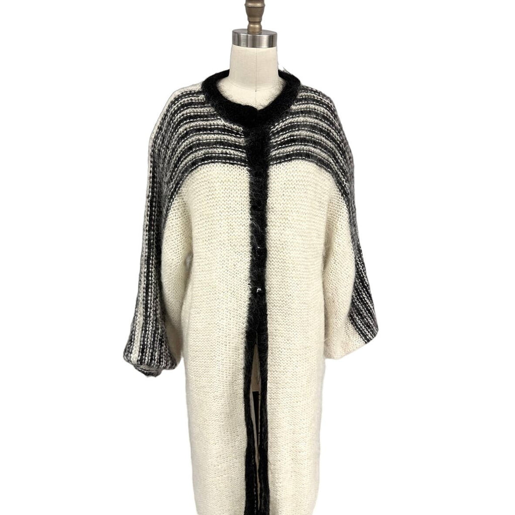 VTG 80s Nannell Mohair Sweater Coat Cream Black Striped Yoke Mod Articore M