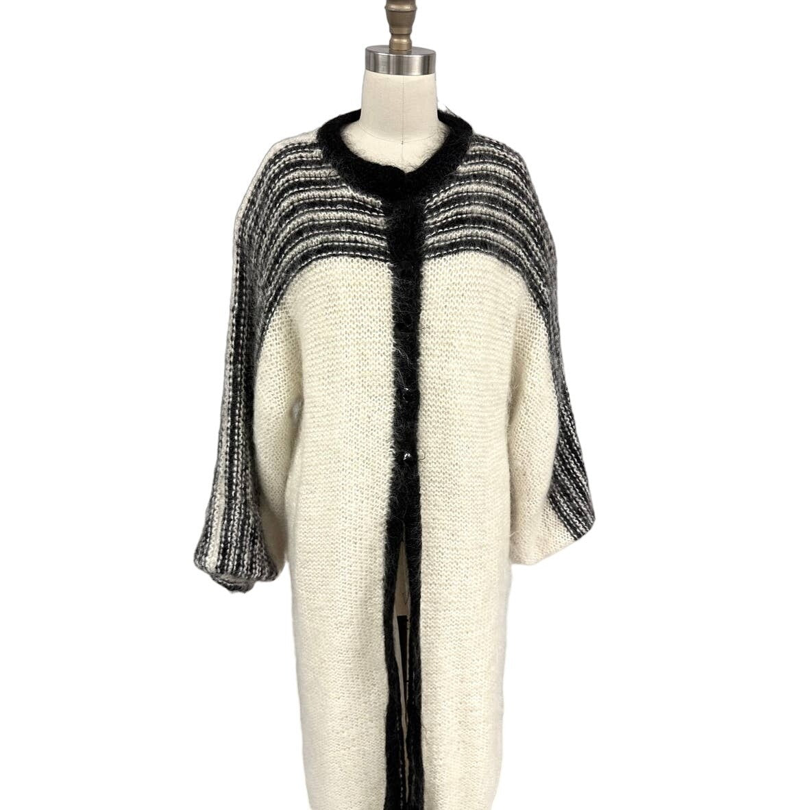 VTG 80s Nannell Mohair Sweater Coat Cream Black Striped Yoke Mod Articore M