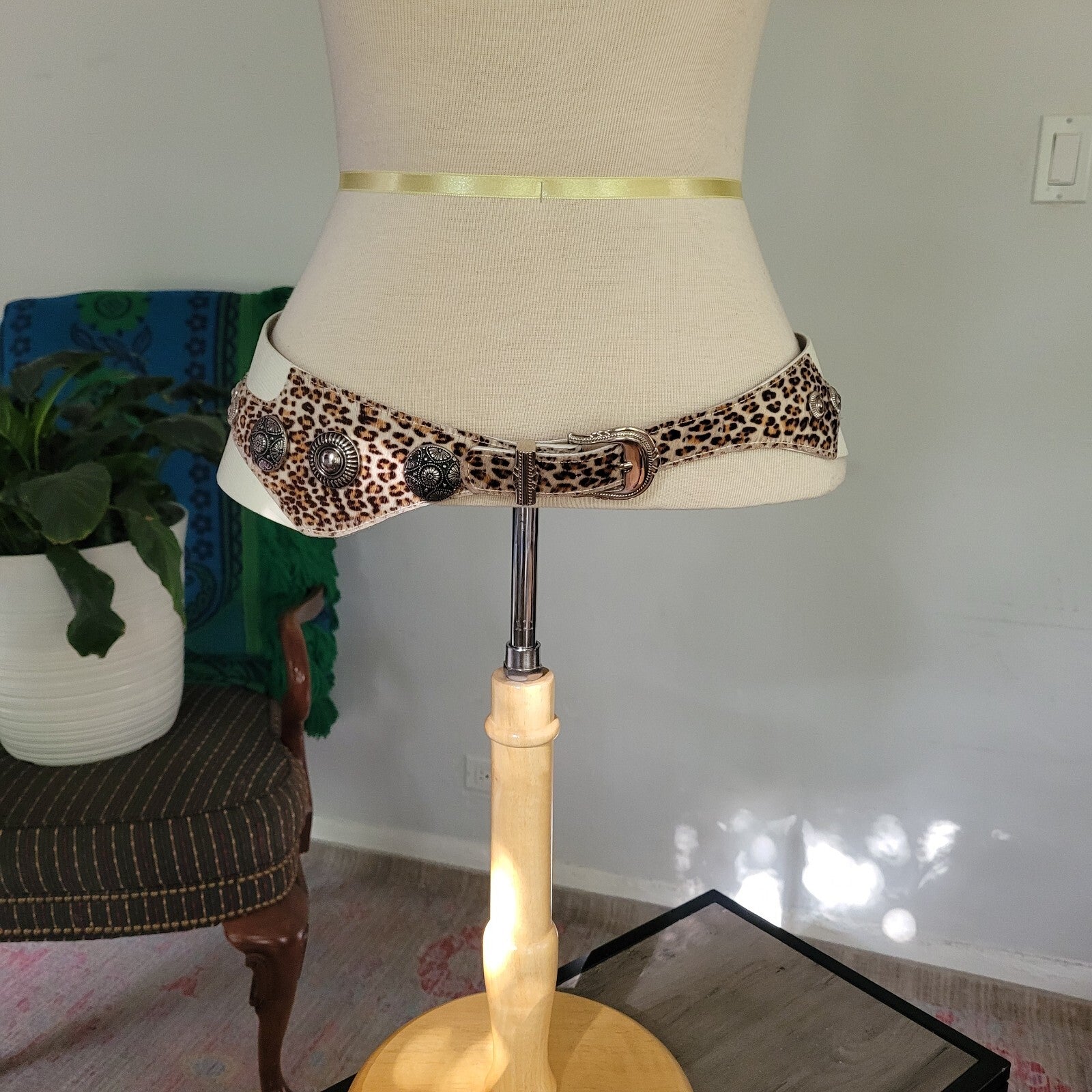 Insane Vintage 80s Rock 'N Roll Glam White Leather Animal Print Pony Hair Belt M