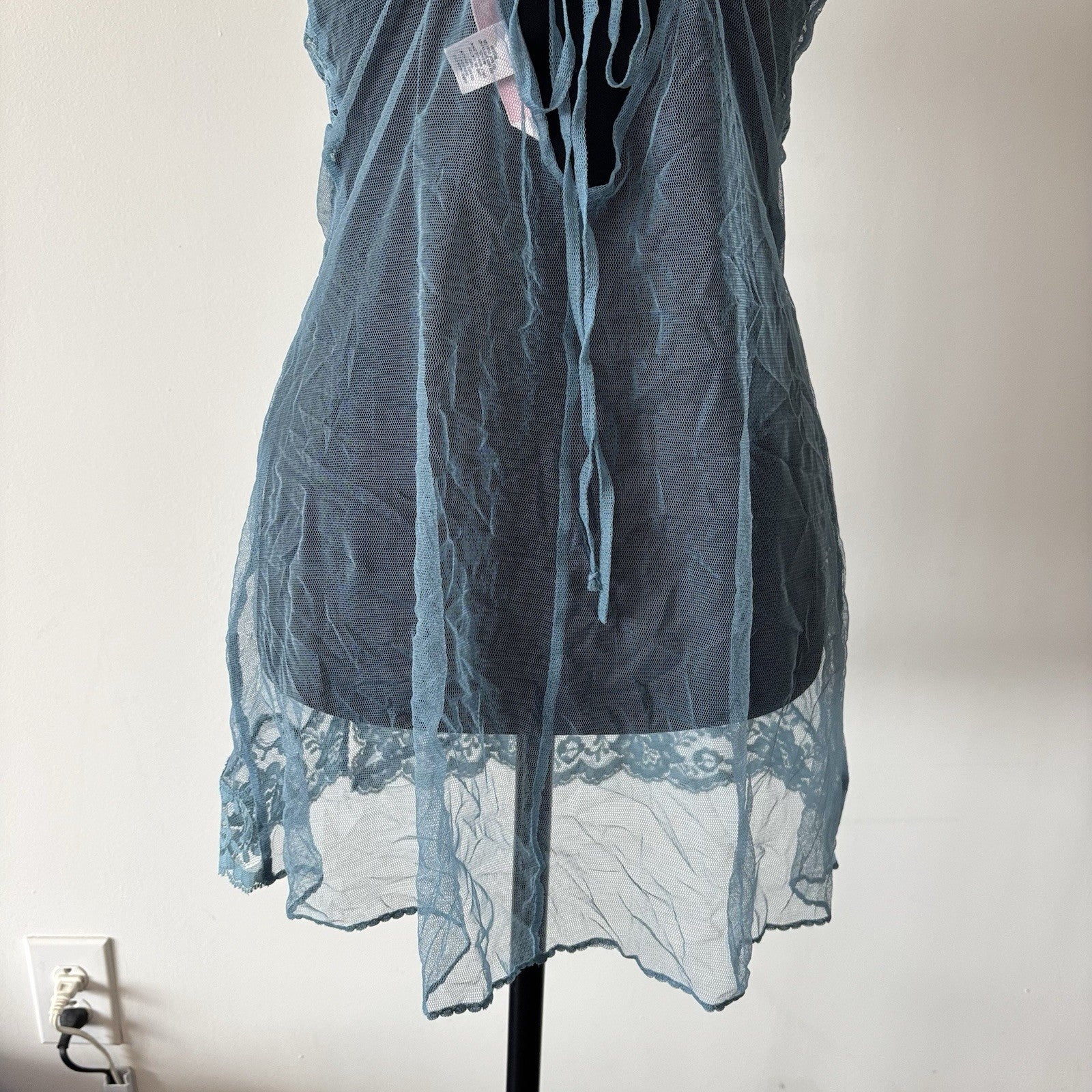 VTG Victoria’s Secret Blue Babydoll Dress Sheer Size M Sequin Lace Romantic Y2K
