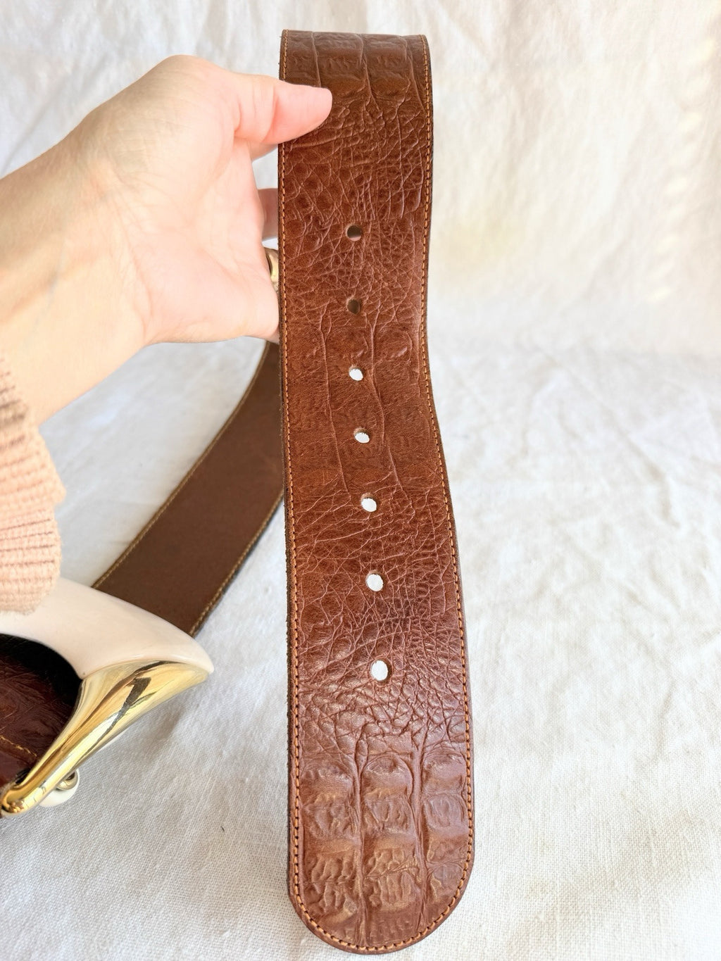 Chunky brass & bead embossed leather belt vintage
