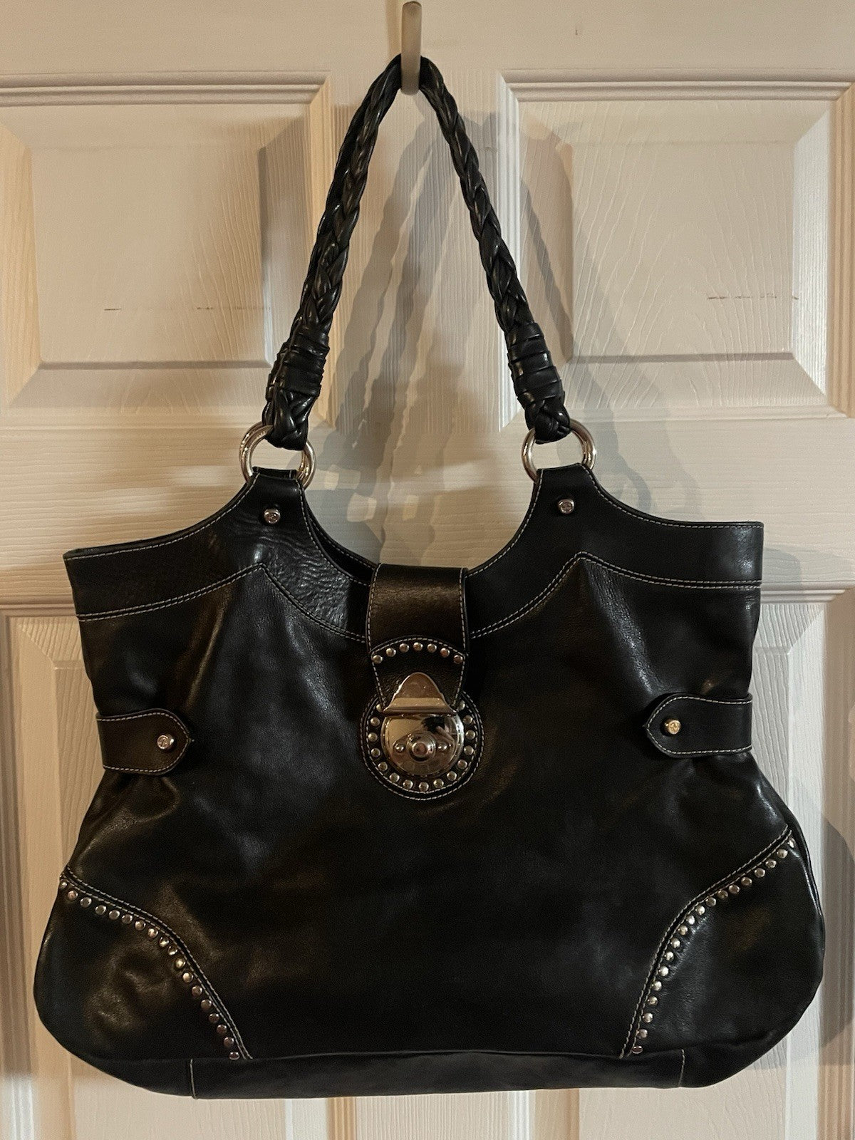Francesco Biasia Y2K Black Leather Studded Hobo Shoulder Bag Large