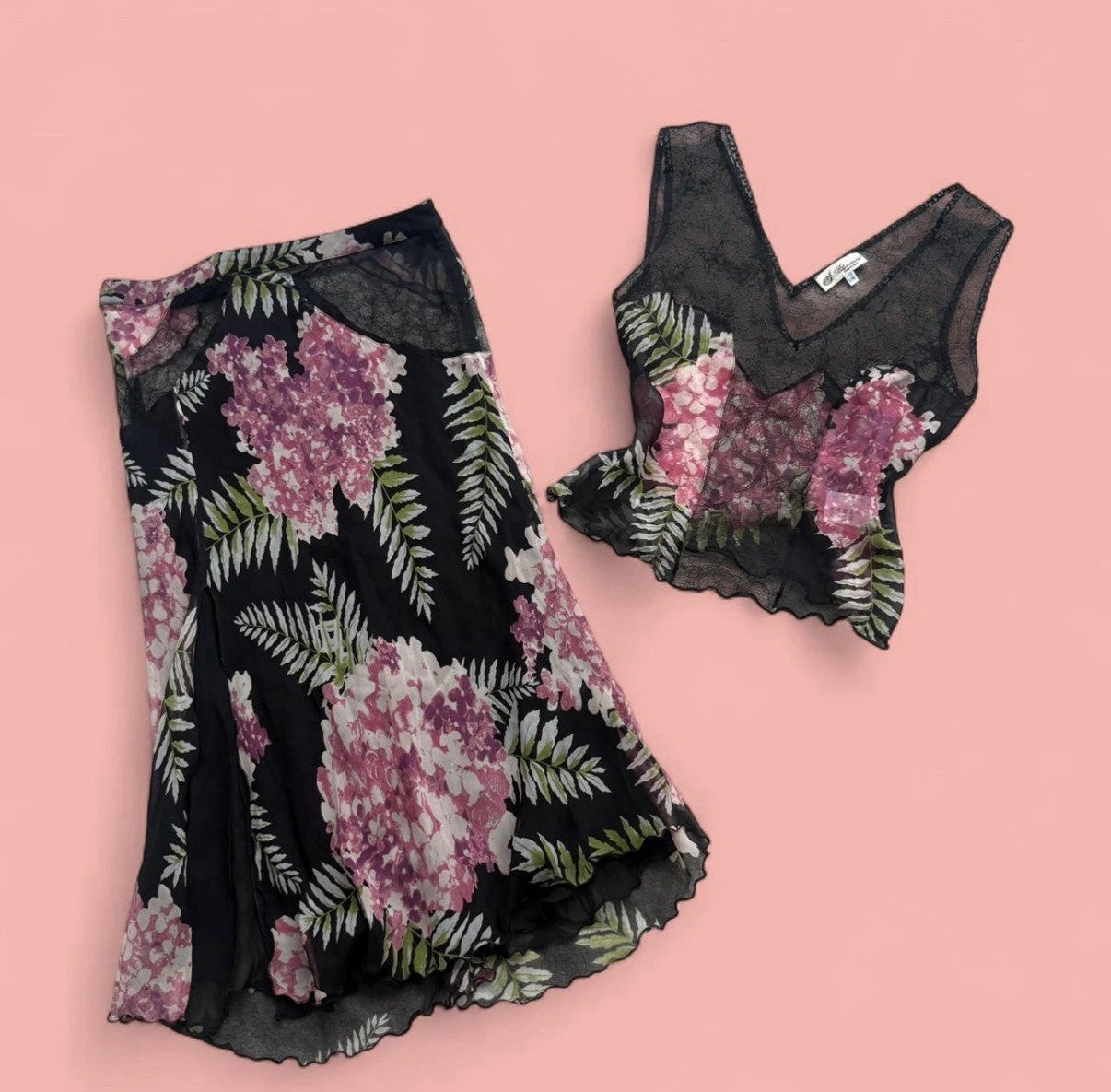 Blumarine Silk Black Floral Two Piece Set