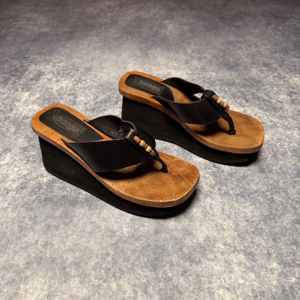 Bongo Wooden Platform Wedge Sandals Black Leather Beaded Brazil Size 8