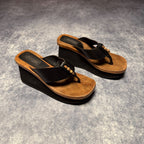 Bongo Wooden Platform Wedge Sandals Black Leather Beaded Brazil Size 8