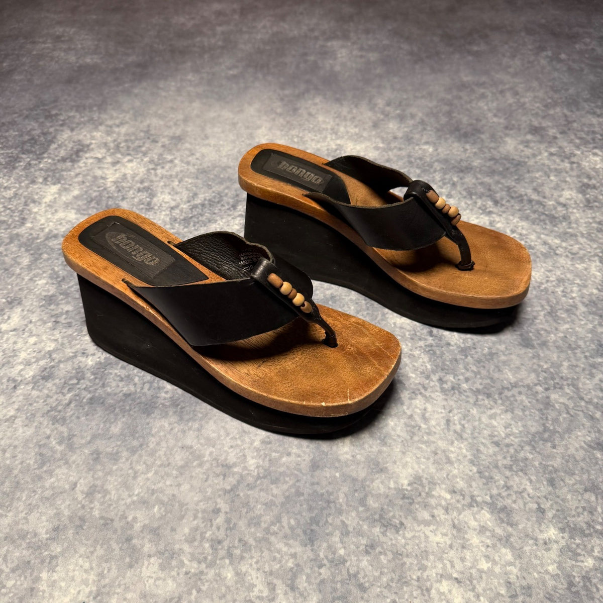 Bongo Wooden Platform Wedge Sandals Black Leather Beaded Brazil Size 8