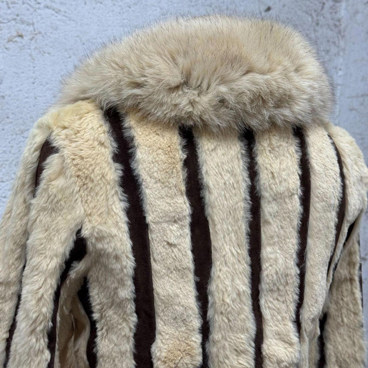 Vintage Y2K Striped Rabbit Fur and Suede Jacket with Fox Collar