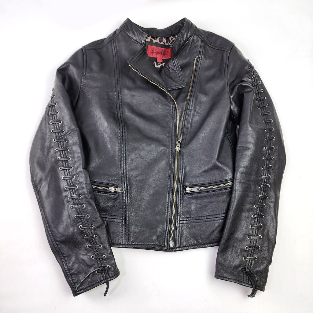 Excelled Leather Jacket Women’s Small Black Leather Short Biker Moto Lace Up