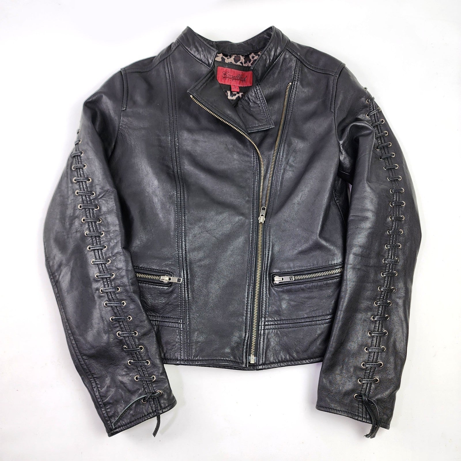 Excelled Leather Jacket Women’s Small Black Leather Short Biker Moto Lace Up