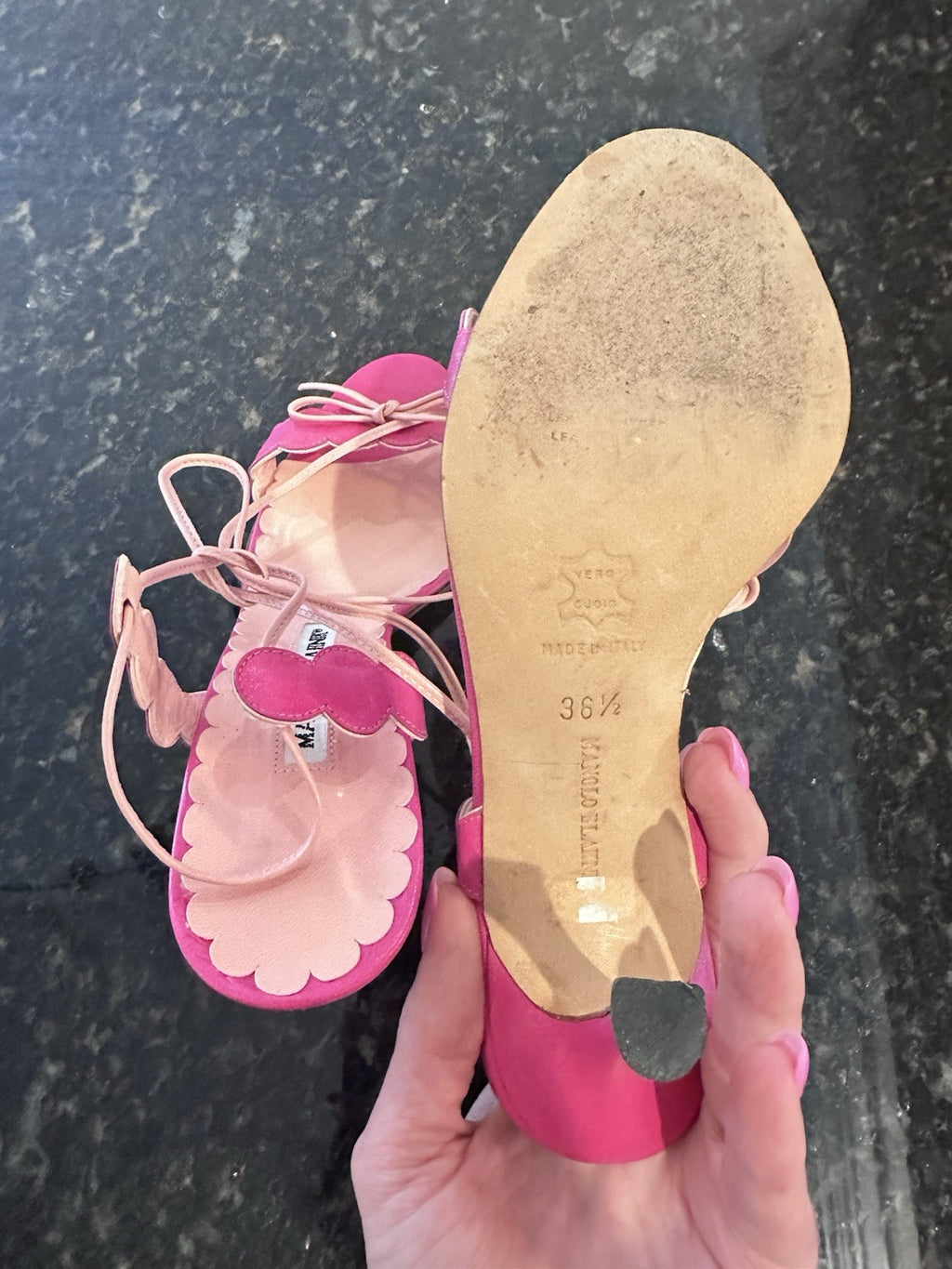 MANOLO BLAHNIK Barbie Pink Leather Scalloped Wrap Ankle Strap Heels