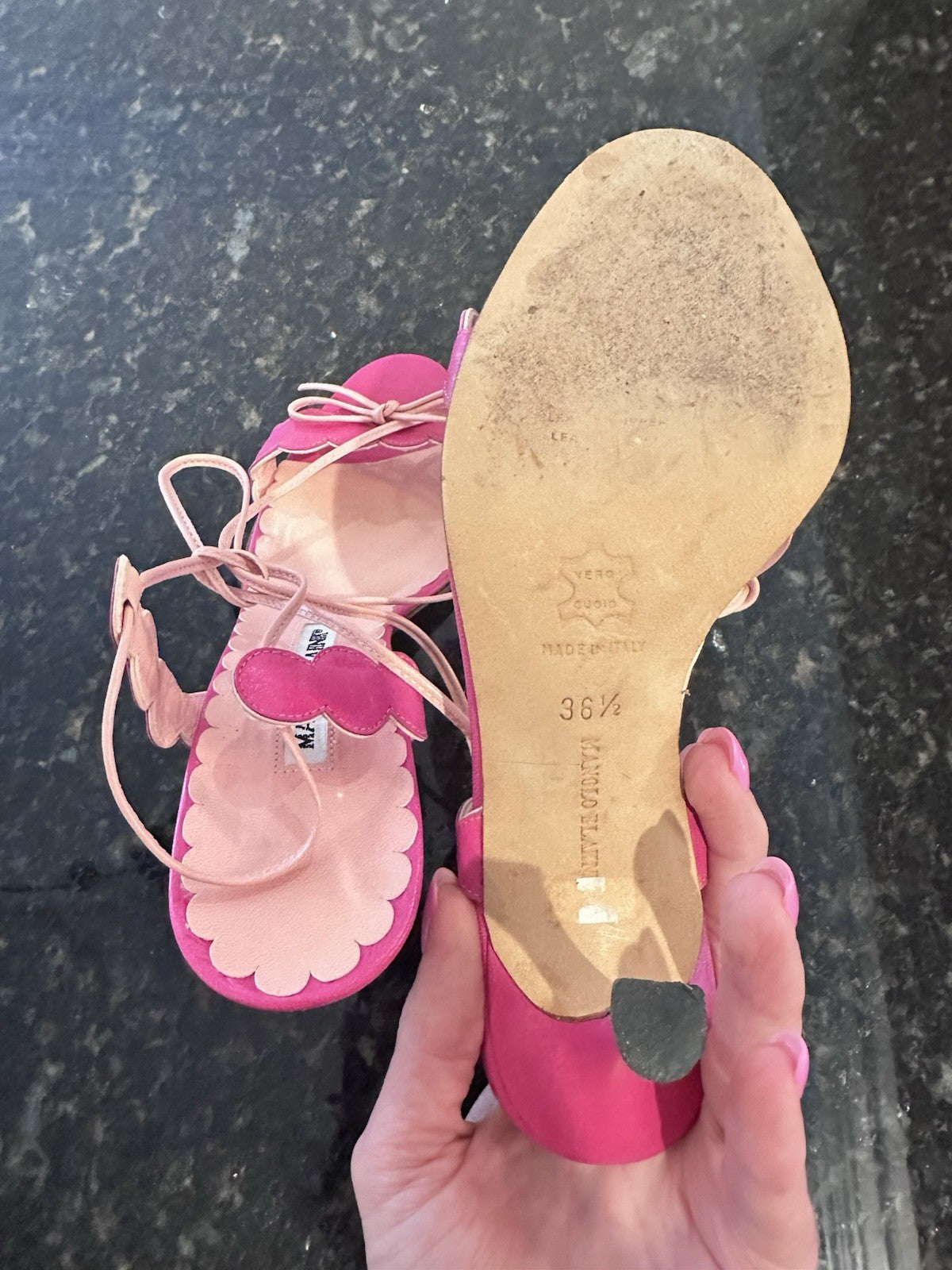 MANOLO BLAHNIK Barbie Pink Leather Scalloped Wrap Ankle Strap Heels