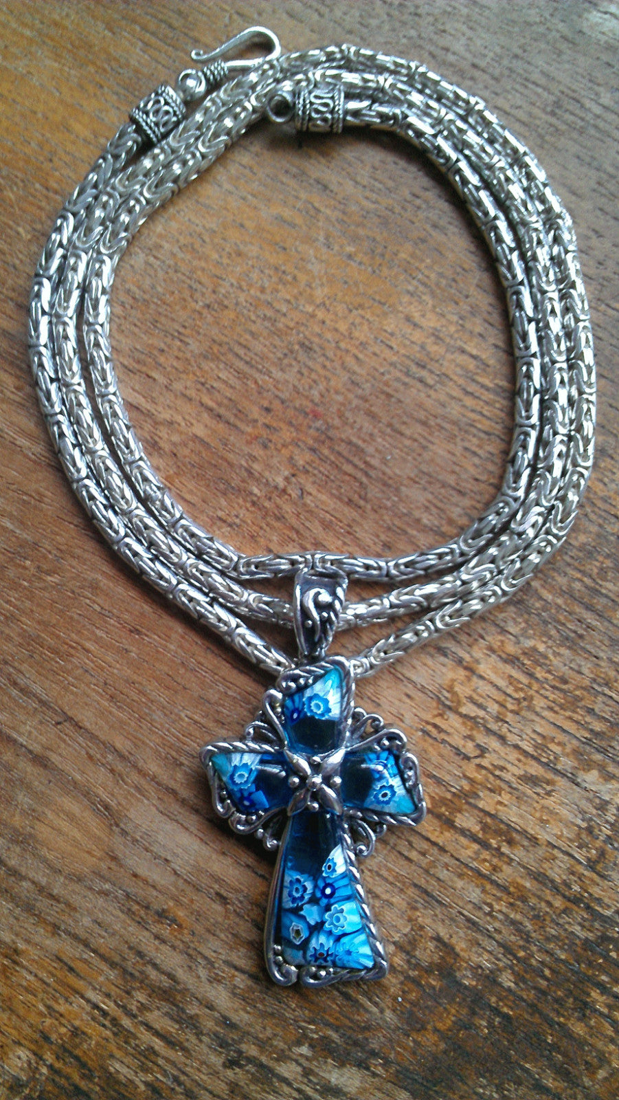 Sterling Silver Byzantine Chain Millefiori Glass Cross Alan K Murano ~ 67 Grams