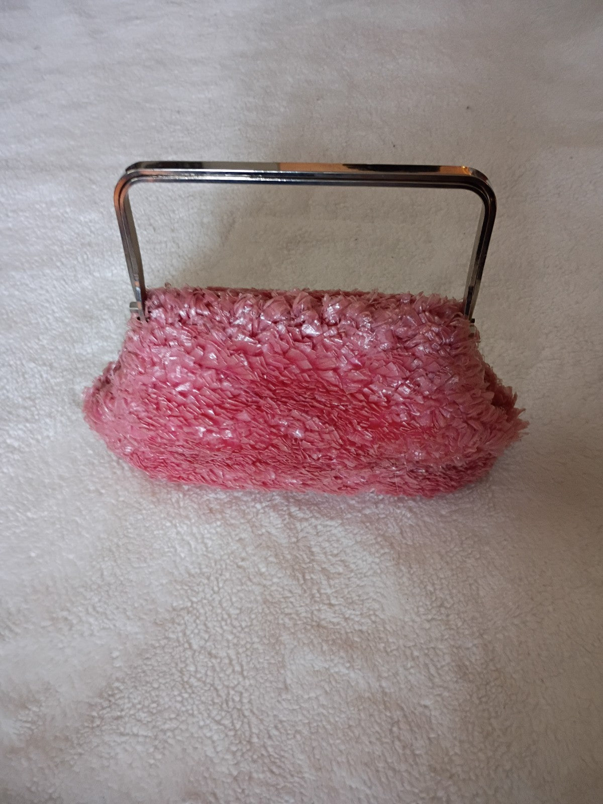 Amazing 1960s Fuzzy Pink Purse Silver Handbag
