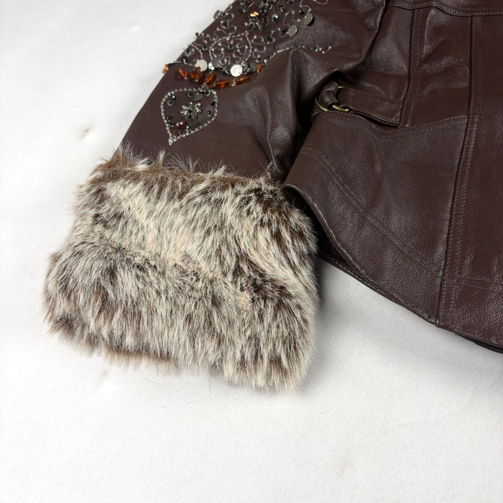 Together Vintage Leather Jacket Small Brown with Fur Trim