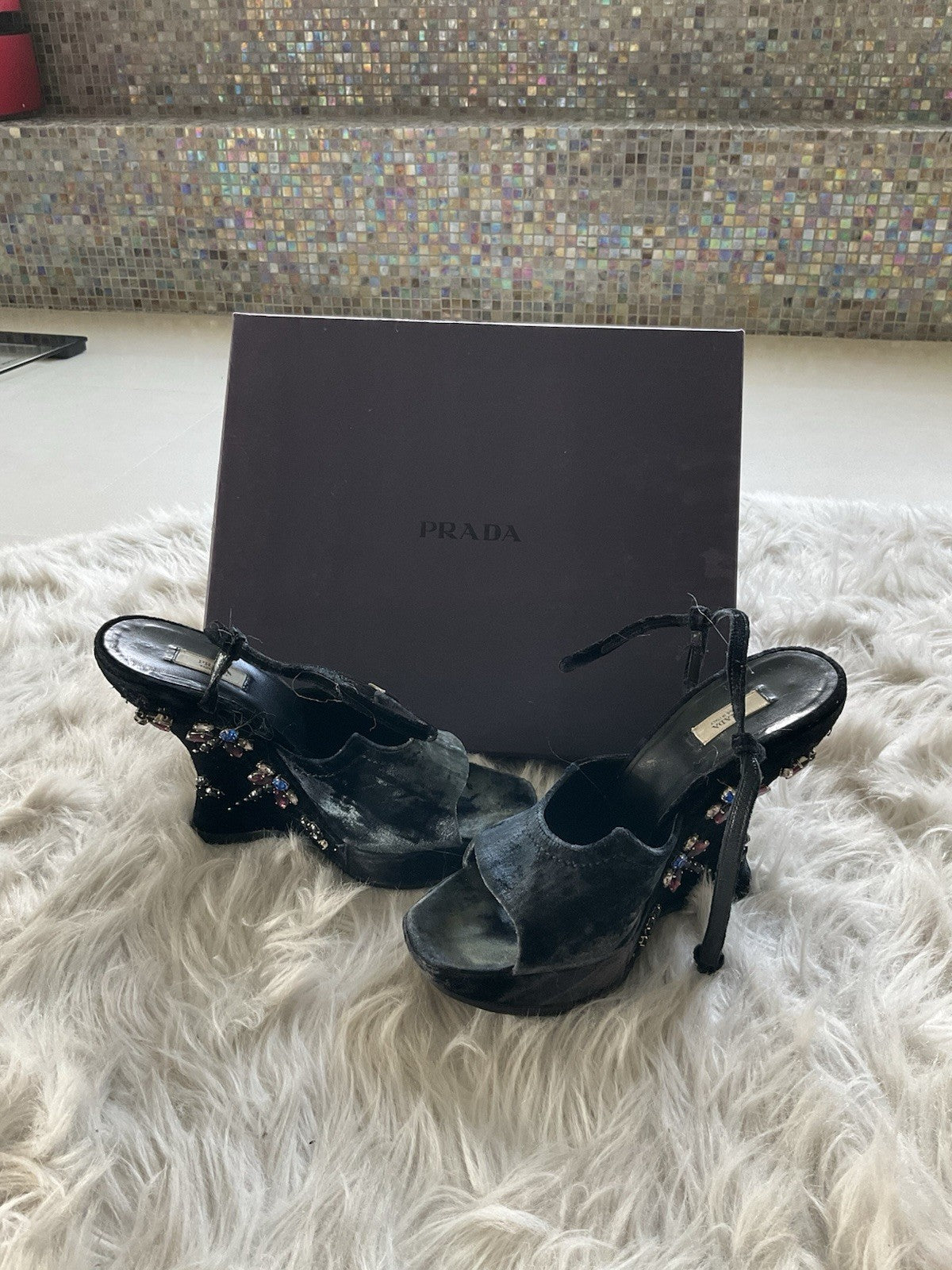 Prada Velvet Wedge Platform with Crystal Beads