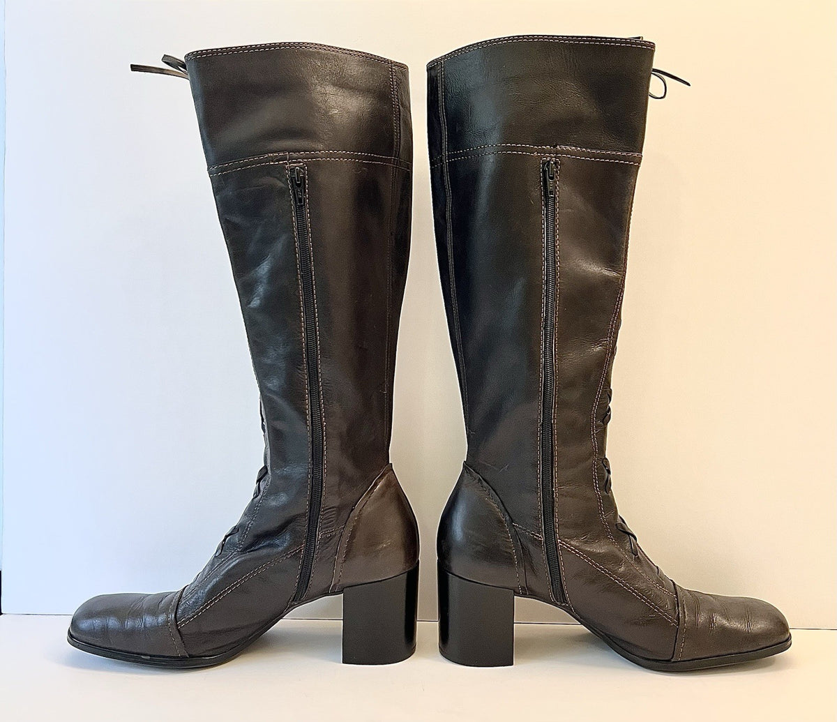 Vintage Brown Leather Lace Up Knee High Boots Women's 8.5