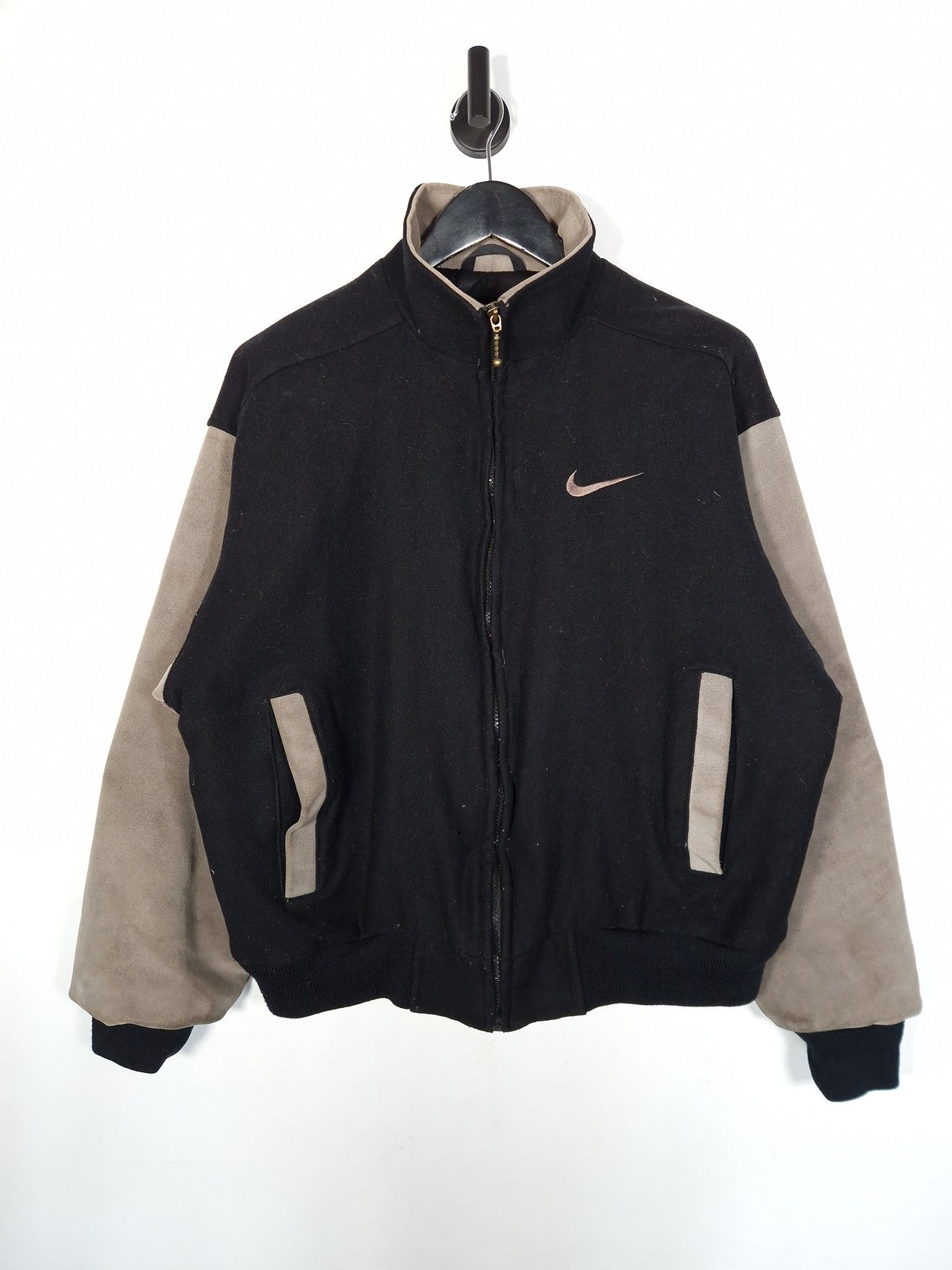 90's Nike Varsity Jacket Size Medium Oversized Black Grey Leather Wool Bomber