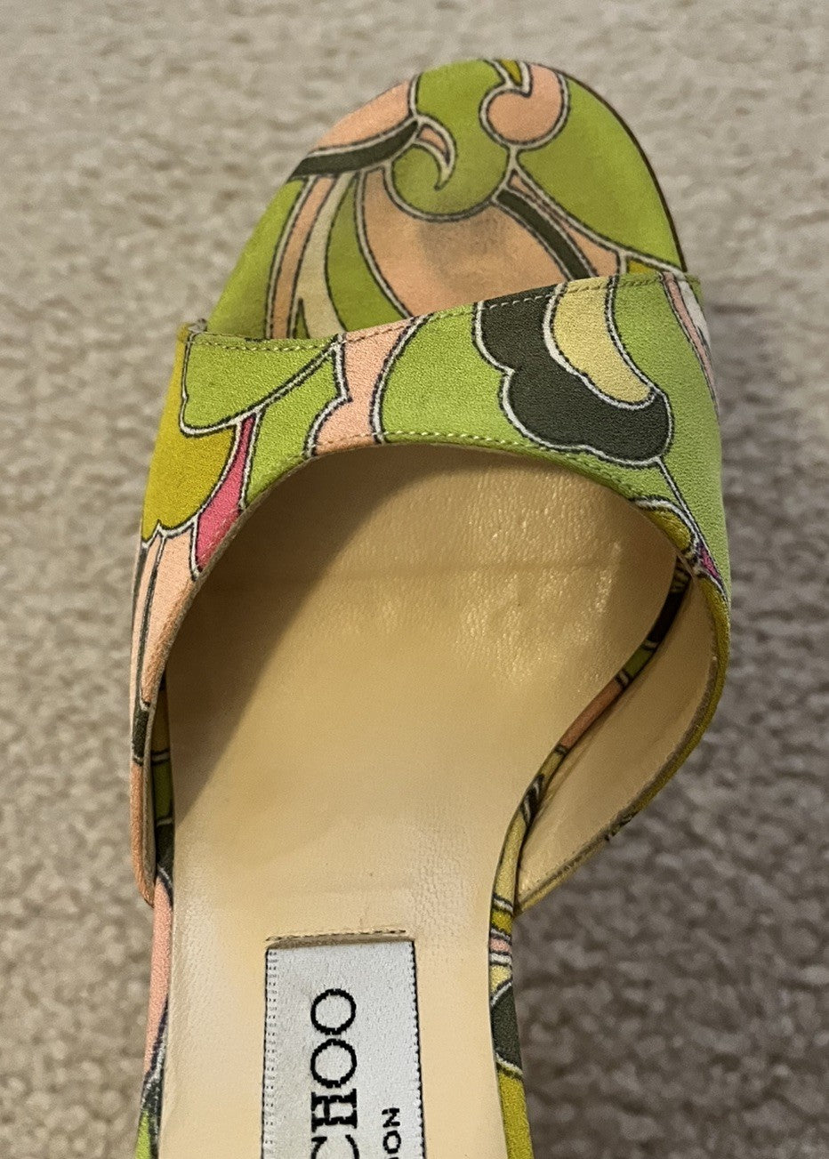 Vintage JIMMY CHOO Green & Pink Open Toe Pucci Print Heels, Made In Italy, 36