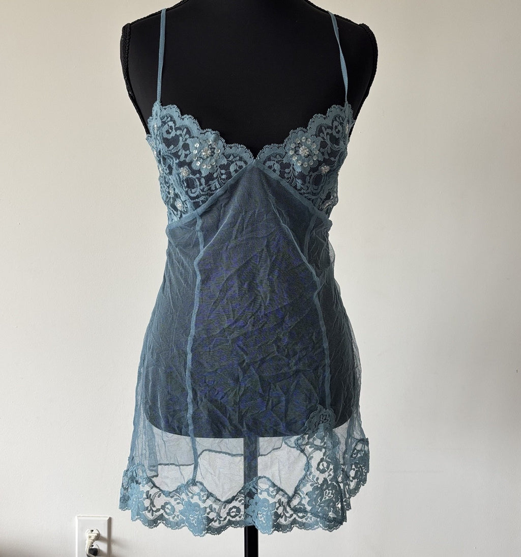 VTG Victoria’s Secret Blue Babydoll Dress Sheer Size M Sequin Lace Romantic Y2K
