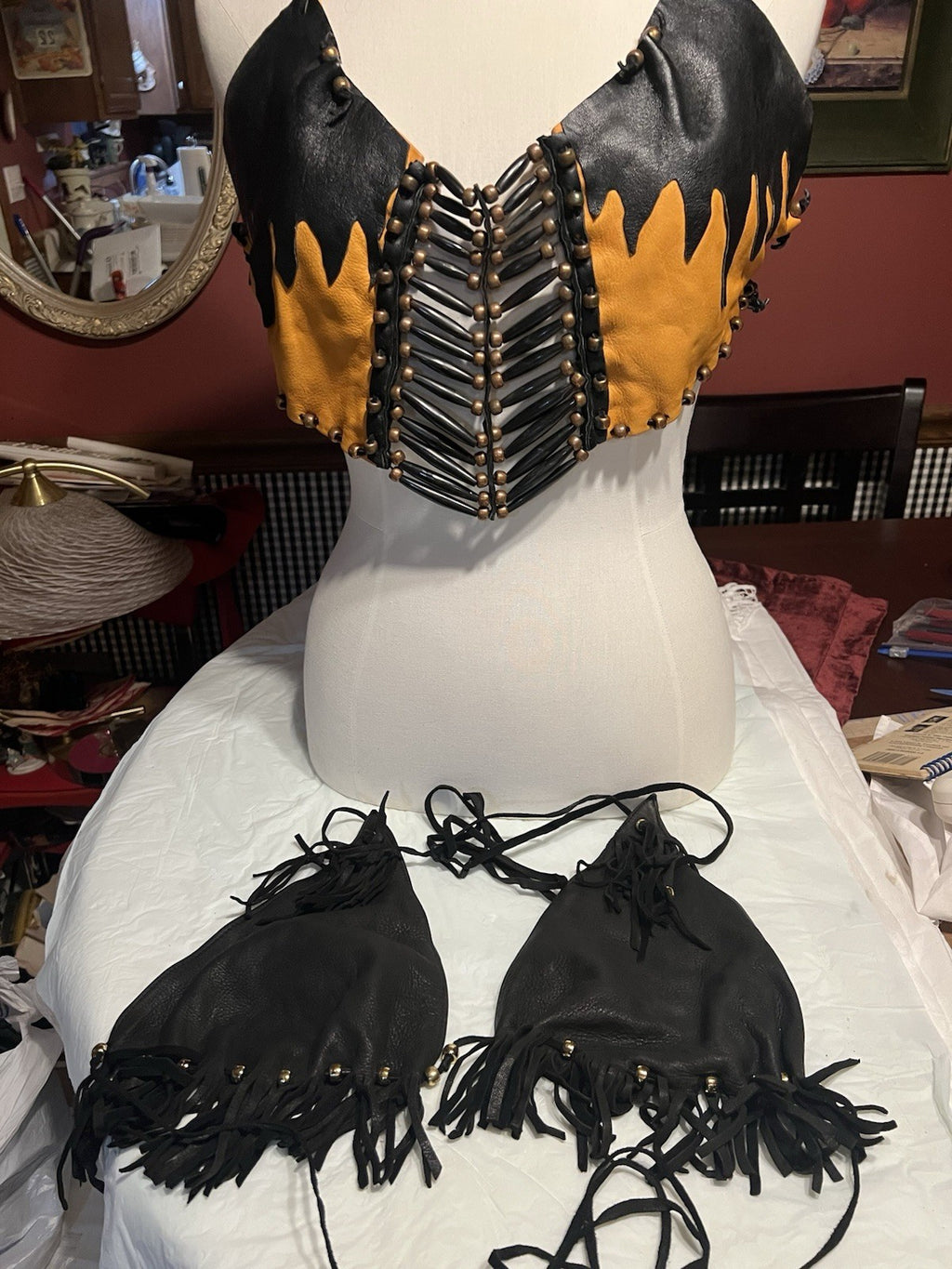 Vtg. 2/ Leather Fringe Halter Tops Black Biker Festival Cowgirl custom-made!!Sm.