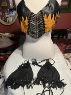 Vtg. 2/ Leather Fringe Halter Tops Black Biker Festival Cowgirl custom-made!!Sm.