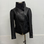 Vintage Black Asymmetric Funnel Neck Leather Jacket