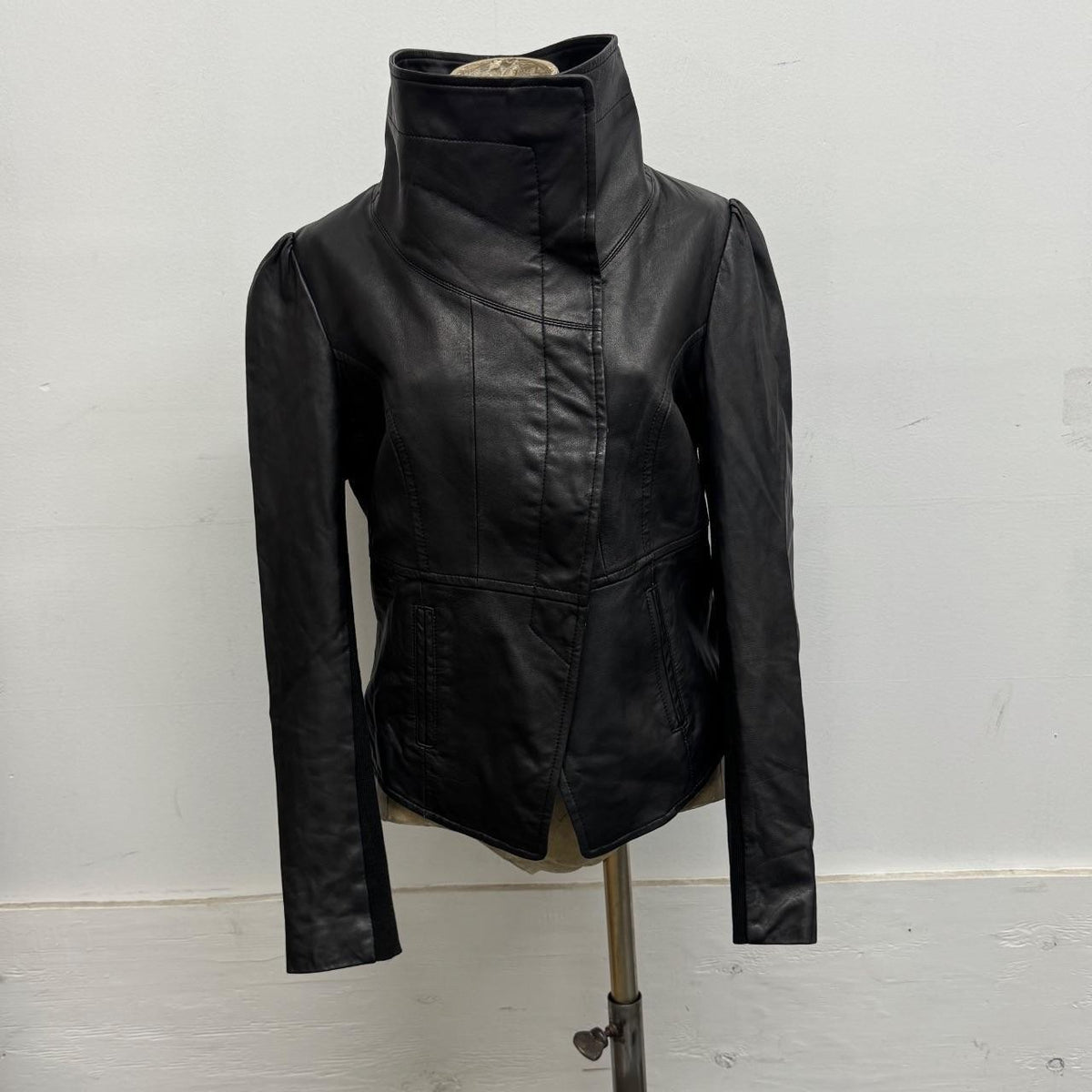 Vintage Black Asymmetric Funnel Neck Leather Jacket