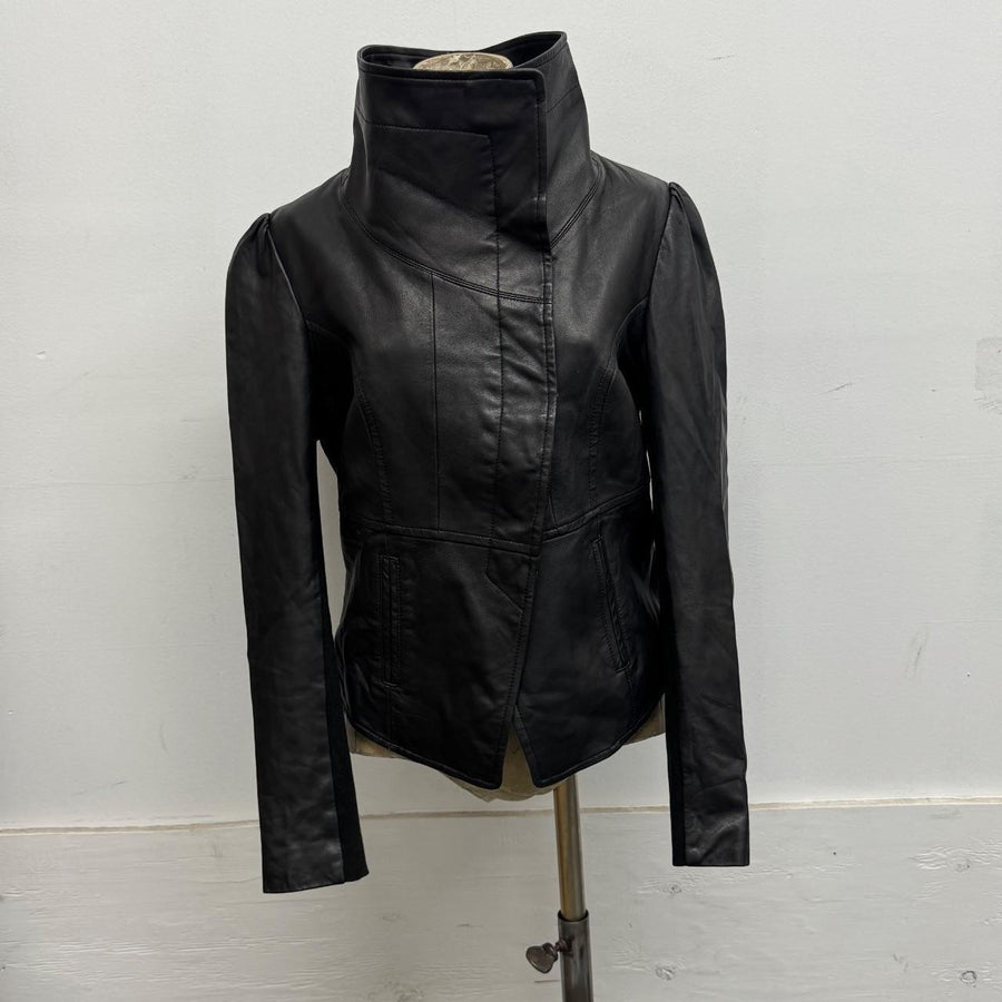 Vintage Black Asymmetric Funnel Neck Leather Jacket