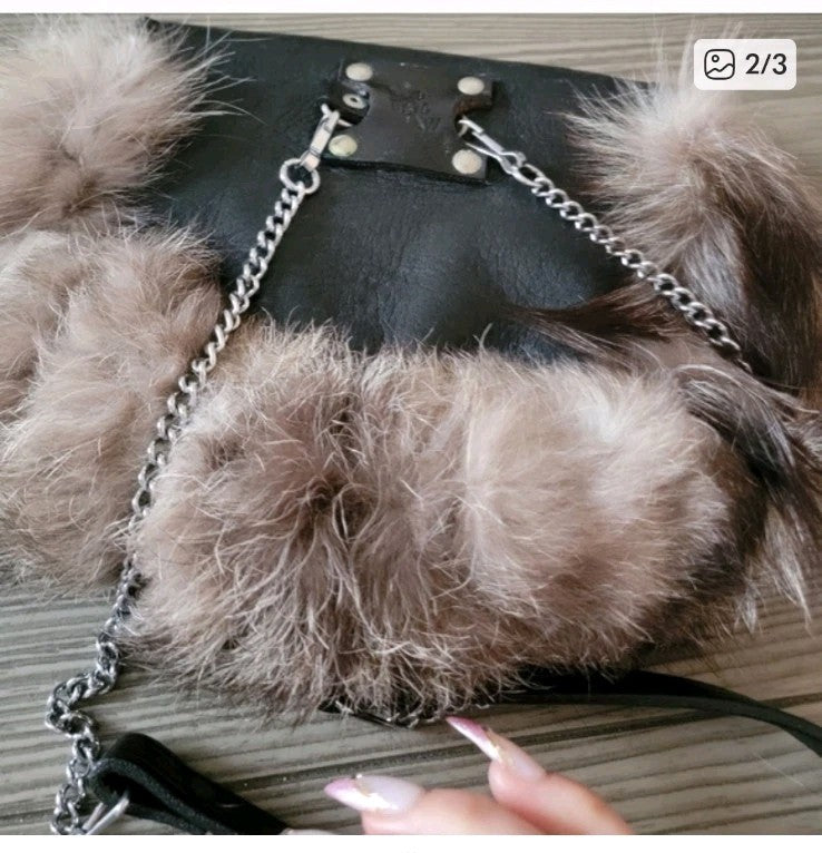 Black Leather Shoulder Bag with Brown Fur Trim
