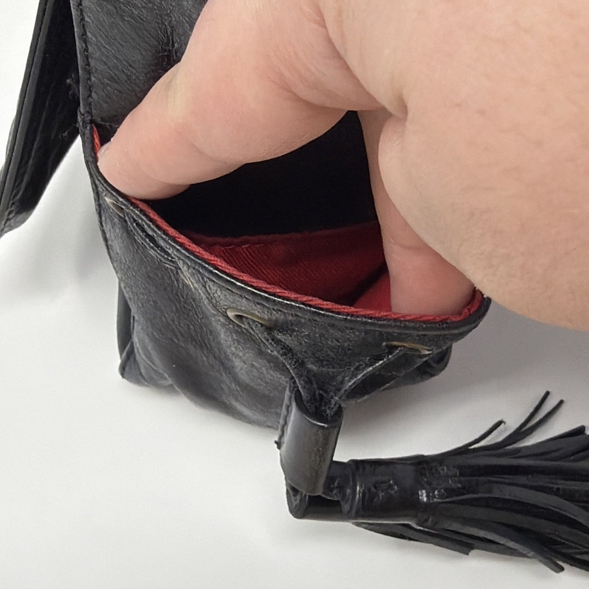 Francesco Biasia Vintage Black Leather Butterfly Embroidered Tassel Boho Bag