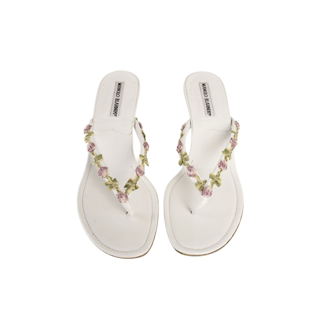 Manolo Blahnik White & Pink Floral Appliqué Leather Thong Sandal Heels