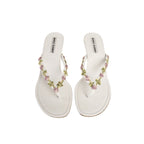 Manolo Blahnik White & Pink Floral Appliqué Leather Thong Sandal Heels