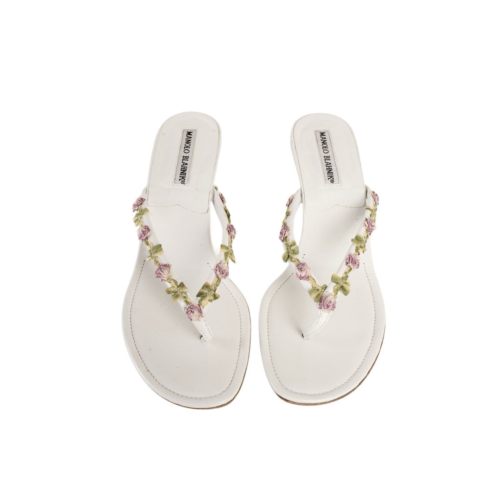 Manolo Blahnik White & Pink Floral Appliqué Leather Thong Sandal Heels
