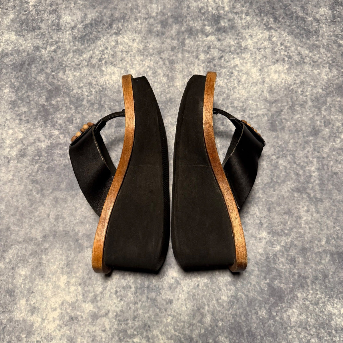 Bongo Wooden Platform Wedge Sandals Black Leather Beaded Brazil Size 8