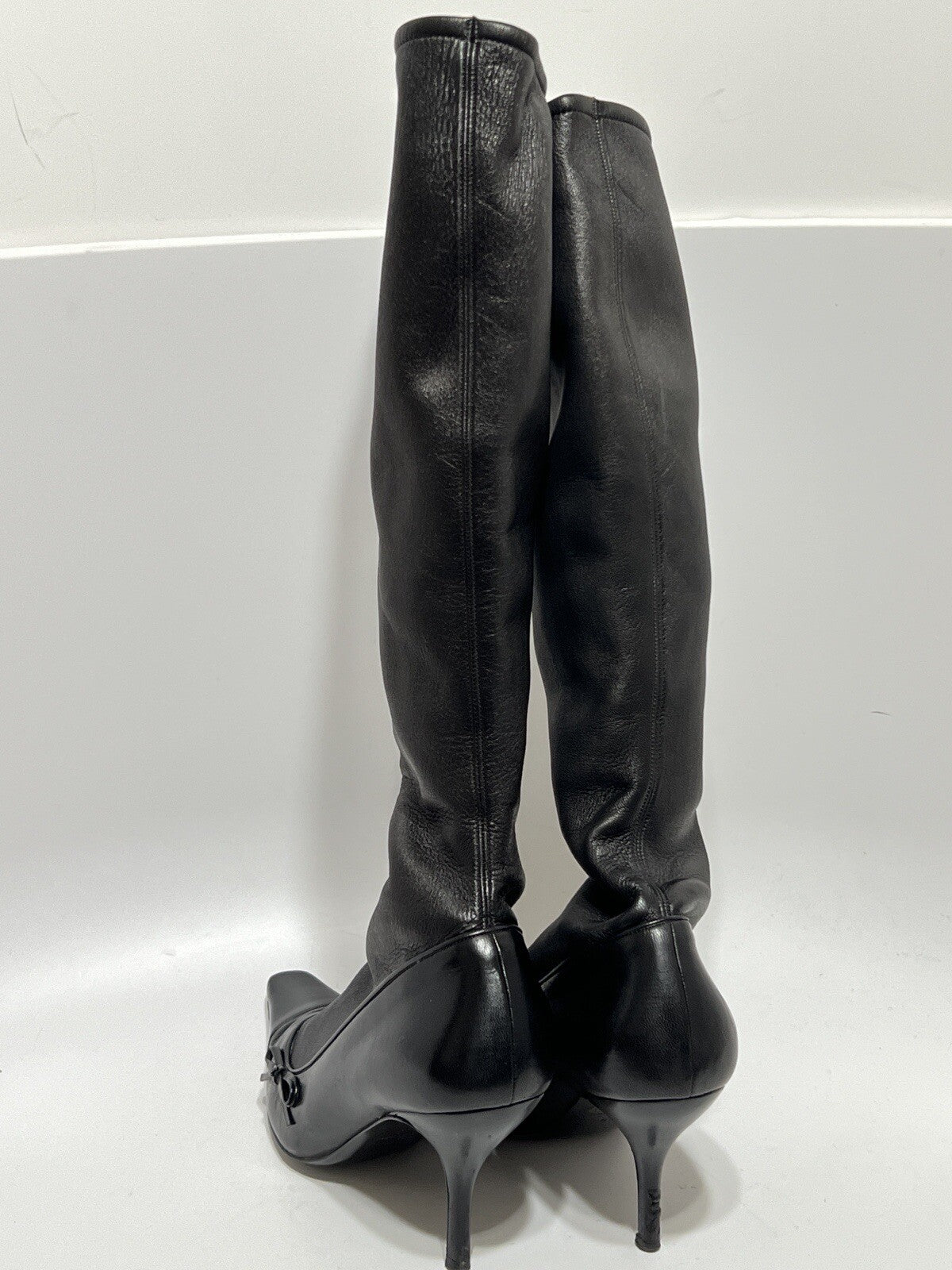 Vtg CHANEL BLACK LEATHER CC LOGO SOCK BOOTS 39