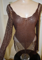 Vintage Long Sleeve Sheer Crochet Top Brown Beaded Fringe Y2K