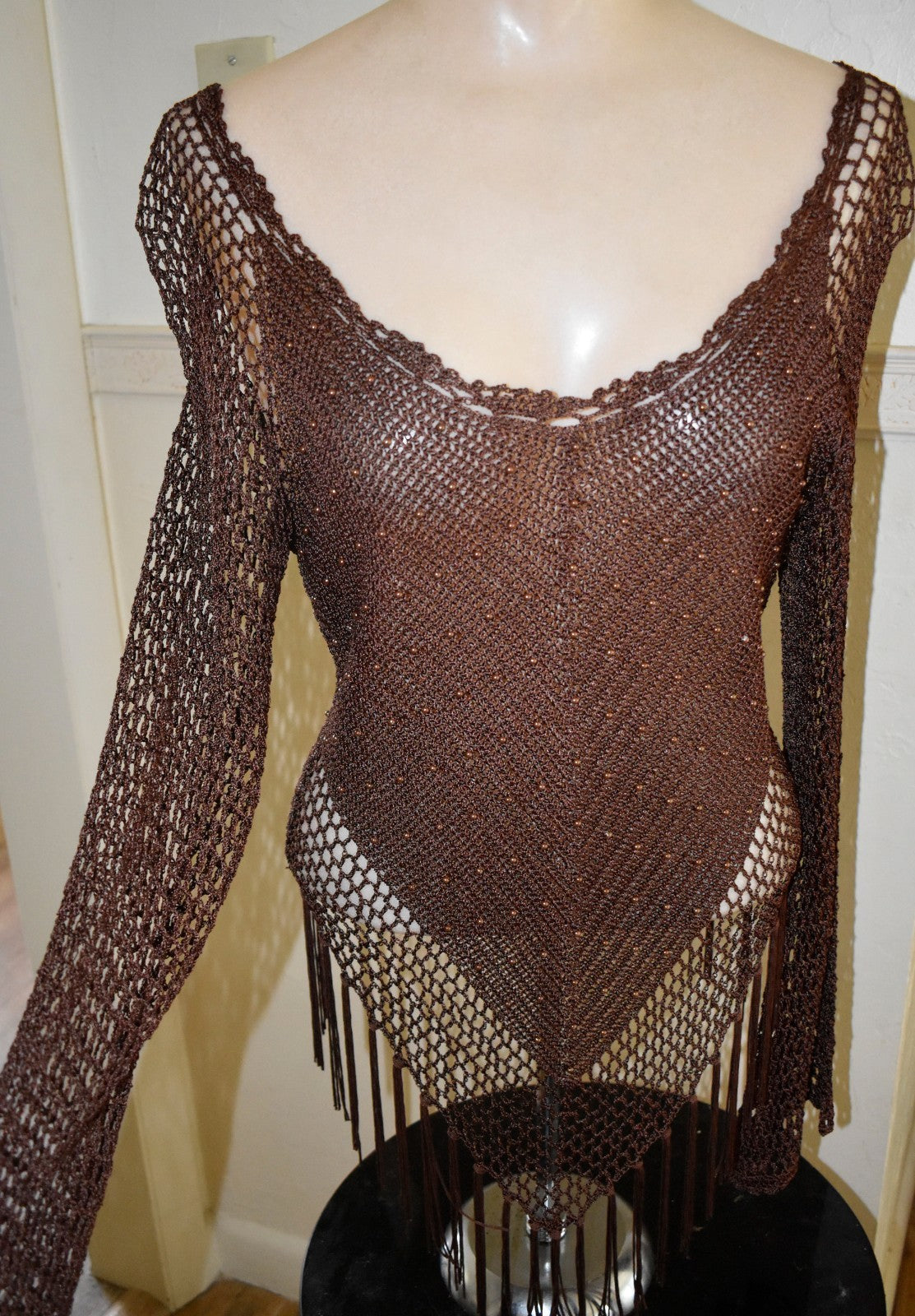 Vintage Long Sleeve Sheer Crochet Top Brown Beaded Fringe Y2K