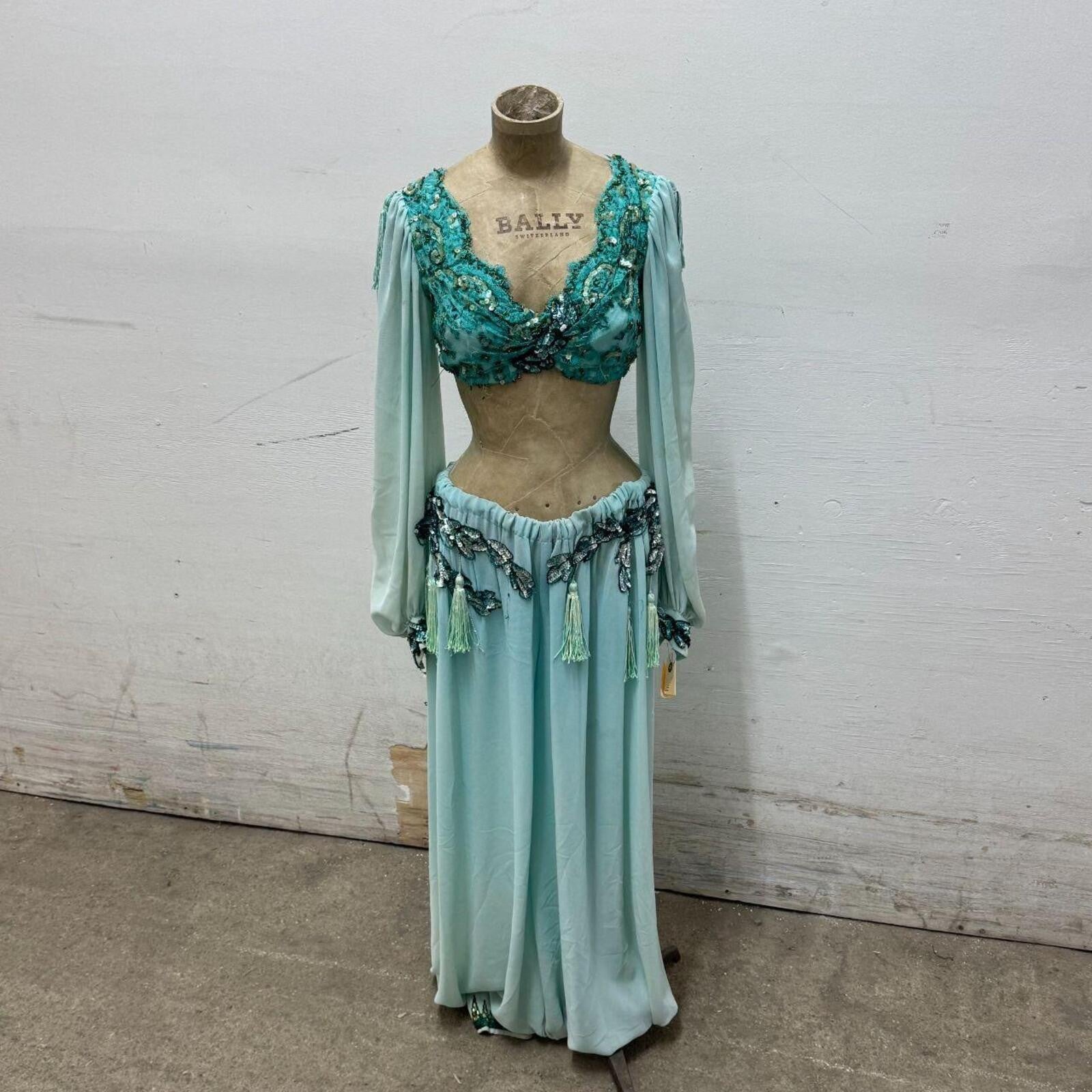 Vintage 1960s-1970s Aqua Beaded and Sequined Two-Piece Set Size S