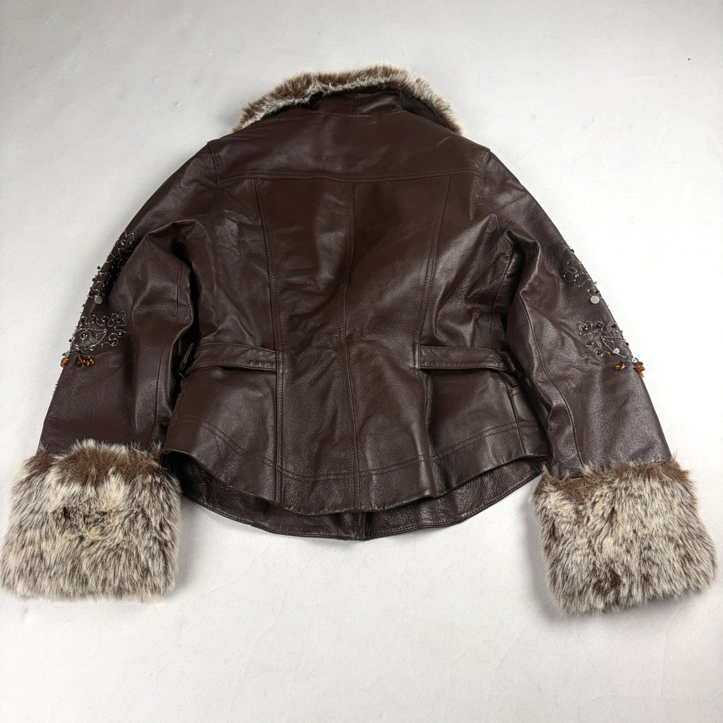 Together Vintage Leather Jacket Small Brown with Fur Trim