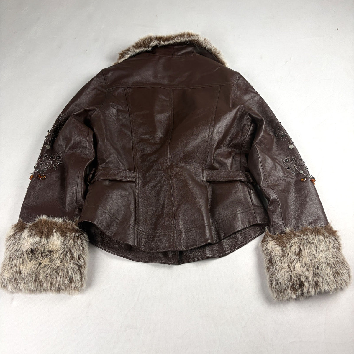 Together Vintage Leather Jacket Small Brown with Fur Trim