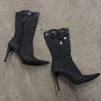 Authentic Vintage Y2K Le Silla Beaded Denim Pointed Toe Stiletto Boots