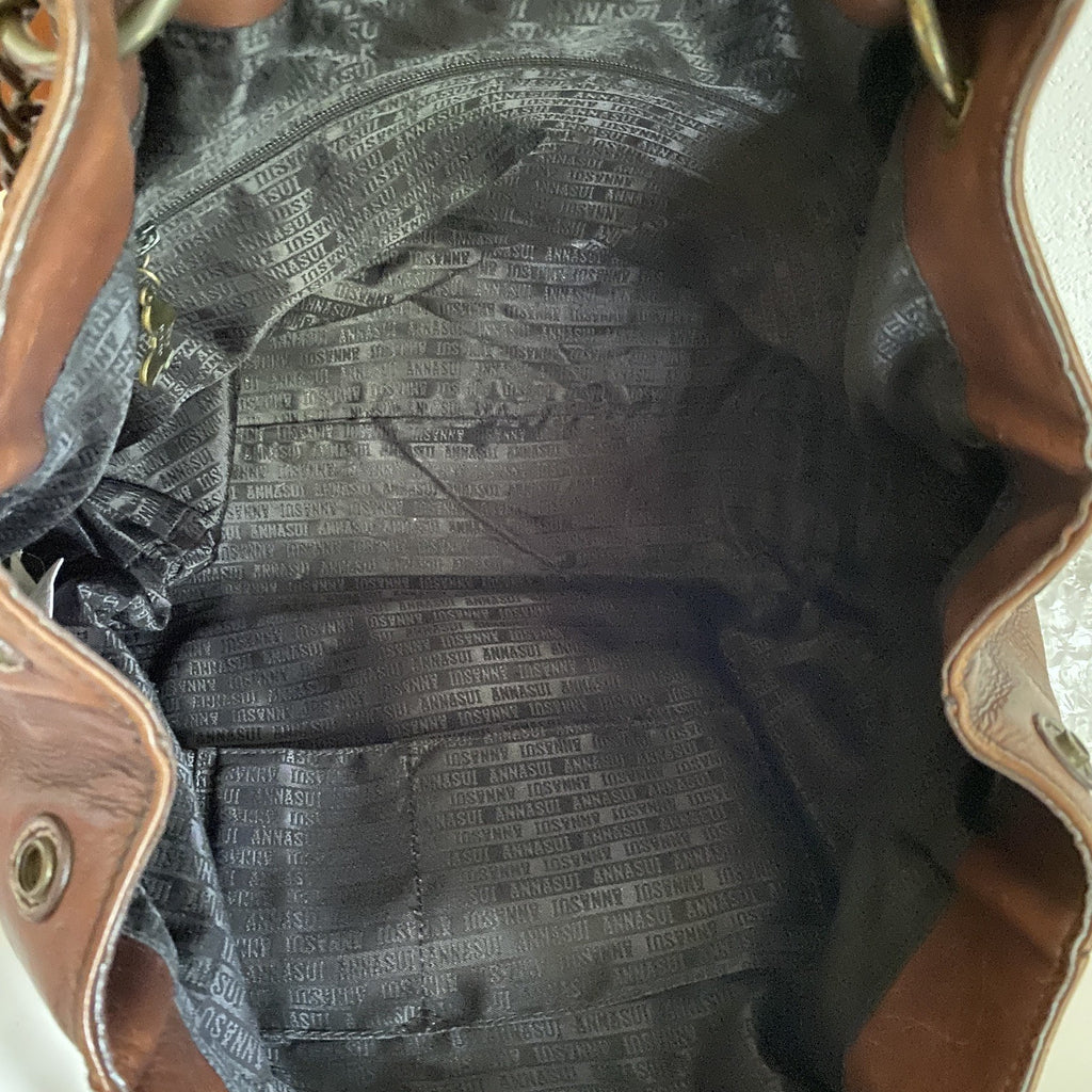 Anna Sui Brown Pewter Studded Leather Chain Tote Bag